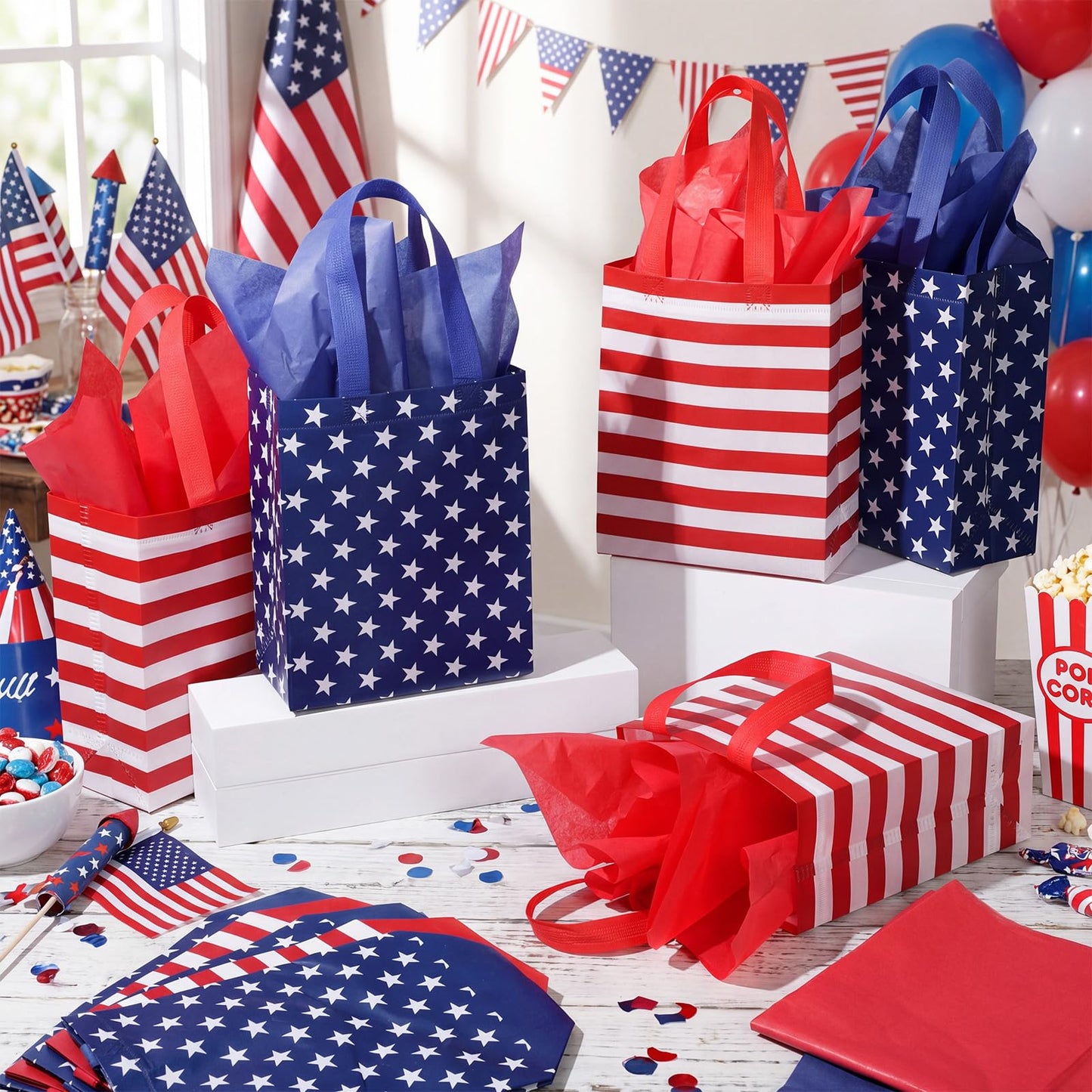 Yoojahow 24 Set Patriotic Gift Bags Bulk with Tissue Memorial Day American Flag 4th of July Red White Blue Tote Bags Non Woven Party Favors with Handle for Holiday Patriotic Birthday Supplies