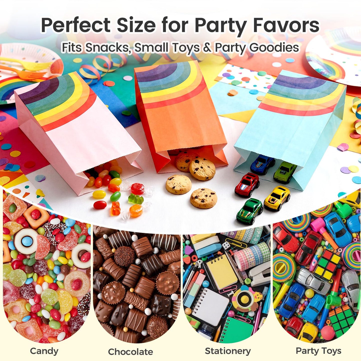 LovesTown 24 Pcs Rainbow Party Favor Bags with Stickers - 8.7"x4.7"x3.1" Colorful Goodie Treat Bags in 8 Vibrant Colors for Kids Birthday, Baby Shower, Wedding & Gift Packaging