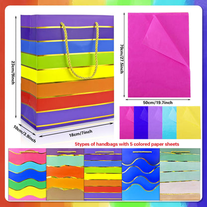 MUMULULU 5 Pack Paper Gift Bags with Handle and Tissue Paper Birthday Gift Bags Rainbow Bag for Birthday Party Baby Shower Wedding Holiday Presents