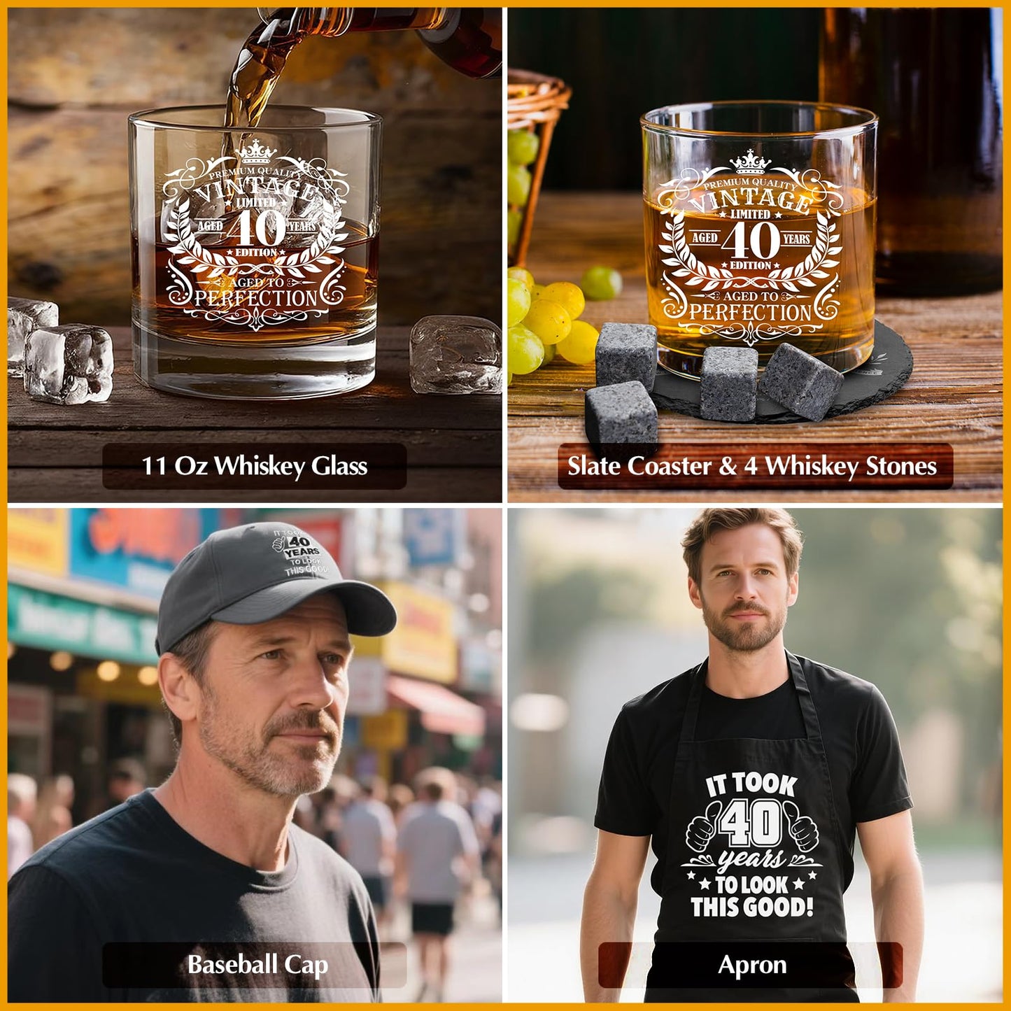 40th Birthday Gifts for Men Whiskey Glass Set, 40th Birthday Party Supplies with 11 Oz Whiskey Glass Coaster Stone Baseball Cap Apron Sock Toilet Paper Keychain for Him, Dad, Husband, Friends