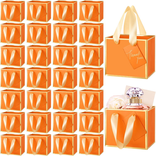 Yeaqee 50 Pcs Mini Metallic Paper Gift Bags with Handle 4.75x2.25x4'' Small Gift Bag DIY Tag Thank You Party Favor for Graduation Father's Day Wedding Baby Shower Birthday Jewelry (Orange,Gold)