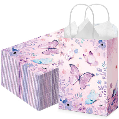 Kolldenn 30 Pcs Butterfly Birthday Party Favor Gifts Bags Candy Goodie Bags with Handles Pink Purple Butterfly Decorations Party Supplies for Girls Birthday Baby Shower Wedding(Romantic Purple)