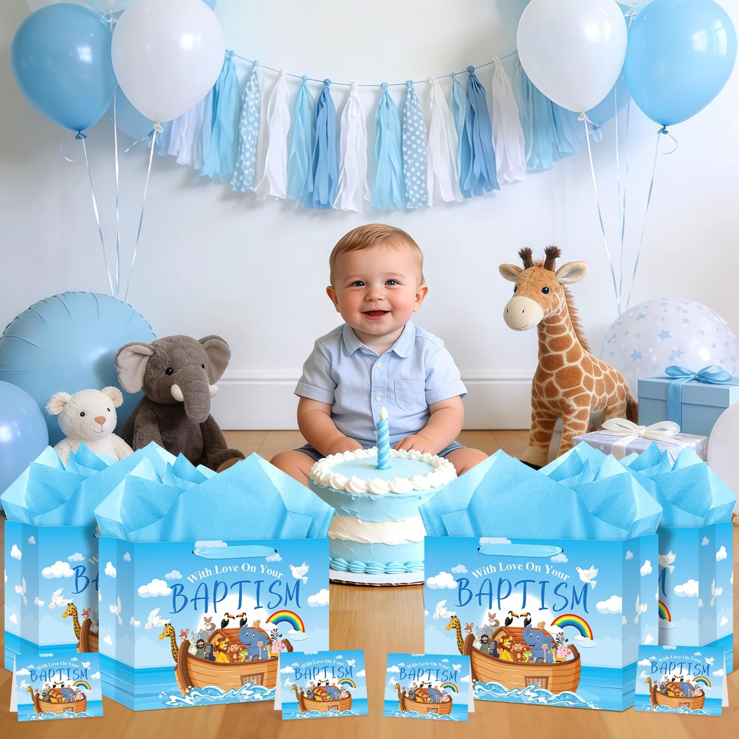 Neptniopllab Large Baptism Gift Bags for Boys,Blue Religious Christian Birthday Gift Bag with Greeting Card and Tissue Paper for Baby Boy First Communions Baptism Christenings (Baptism)