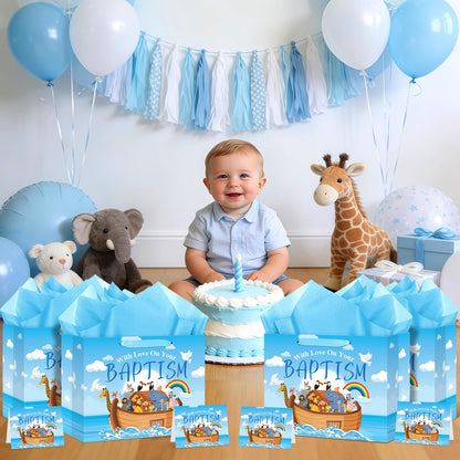 Neptniopllab Large Baptism Gift Bags for Boys,Blue Religious Christian Birthday Gift Bag with Greeting Card and Tissue Paper for Baby Boy First Communions Baptism Christenings (Baptism)