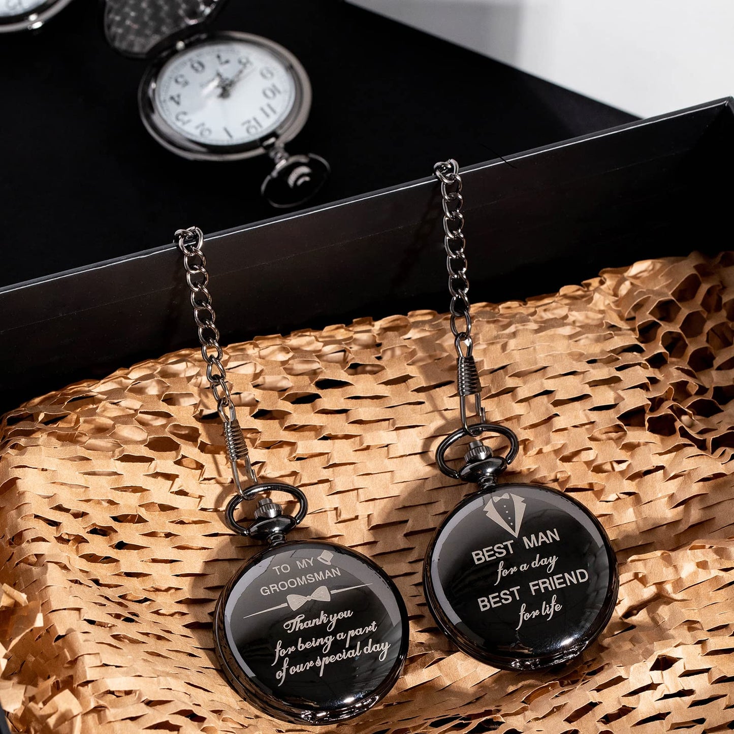 4 Pcs Groomsman Gifts for Wedding Groomsmen Engraved Pocket Watch Best Man Proposal Gifts Roman Numerals Quartz Pocket Watch Wedding Gifts with Chain for Groomsman Best Man
