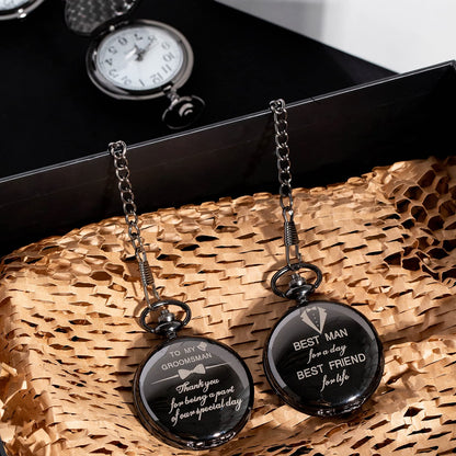 4 Pcs Groomsman Gifts for Wedding Groomsmen Engraved Pocket Watch Best Man Proposal Gifts Roman Numerals Quartz Pocket Watch Wedding Gifts with Chain for Groomsman Best Man