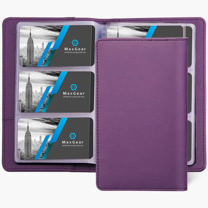 MaxGear Business Card Organizer Book, Holds 240 Cards, Portable PU Leather Business Card Holder with Clear Sleeves, Professional Card Binder for Office, Meetings, Networking, Purple