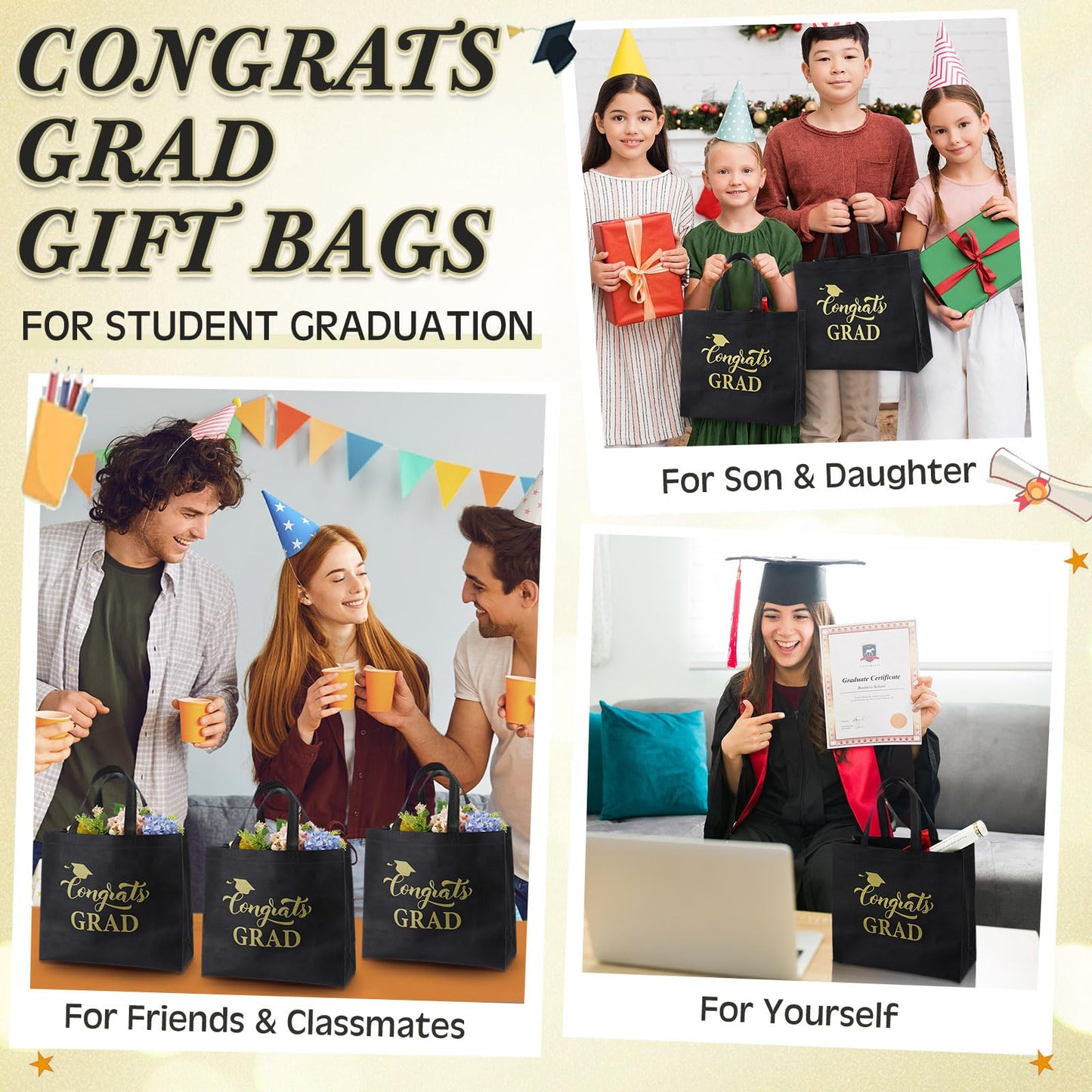 Sweetude 50 Pcs Graduation Gift Bags Bulk with Handles Reusable Congrats Grad Non Woven Tote Bags 12 x 11 x 5 Inches Black and Gold Graduation Party Favors for College High School Party Supplies