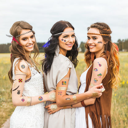 Fovths 144 Pcs Hippie Temporary Tattoos Assorted Groovy Love & Peace Signs Waterproof Stickers for Hippie Themed Parties & Costume Festival Favors