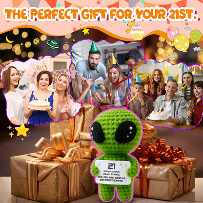 21st Birthday Gifts – Handmade Crochet Alien Plush with Funny Legal Adult Birthday Message Card – Cute 21 Years Old Celebration Gift for Him or Her, Bday Milestone Keepsake