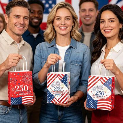 Qpout 12PCS 250th Anniversary Patriotic Gift Bags, Double Sided 1776-2026 Red White Blue Paper Bags with Handles, Bulk 4th of July Favor Bags for Independence Day, Memorial Day, Parades, Patriotic Holiday Party Supplies