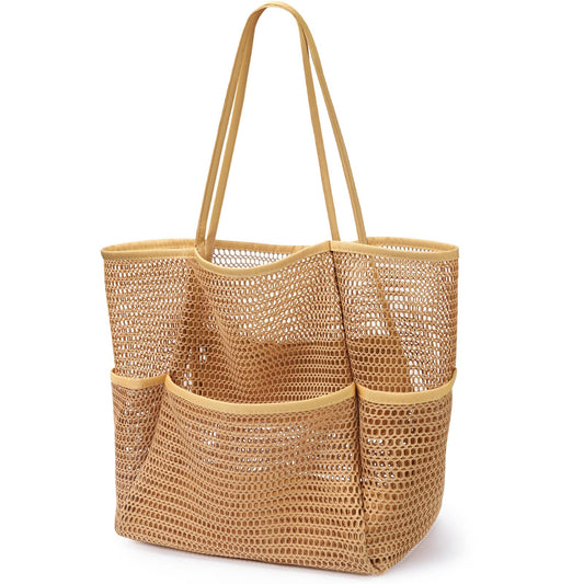 KPX Beach Bag with Mini Pocket, Summer Beach Tote Bags for Women Large Foldable Mesh Swimming Pool Travel Bags - Sandproof