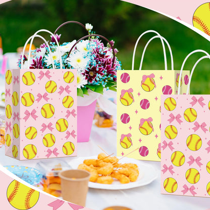 Eersida 16 Pcs Pink Bow Softball Snack Bags for Team with Handles Bulk 2 Styles Softball Candy Treat Bags Birthday Supplies Sports Party Gifts