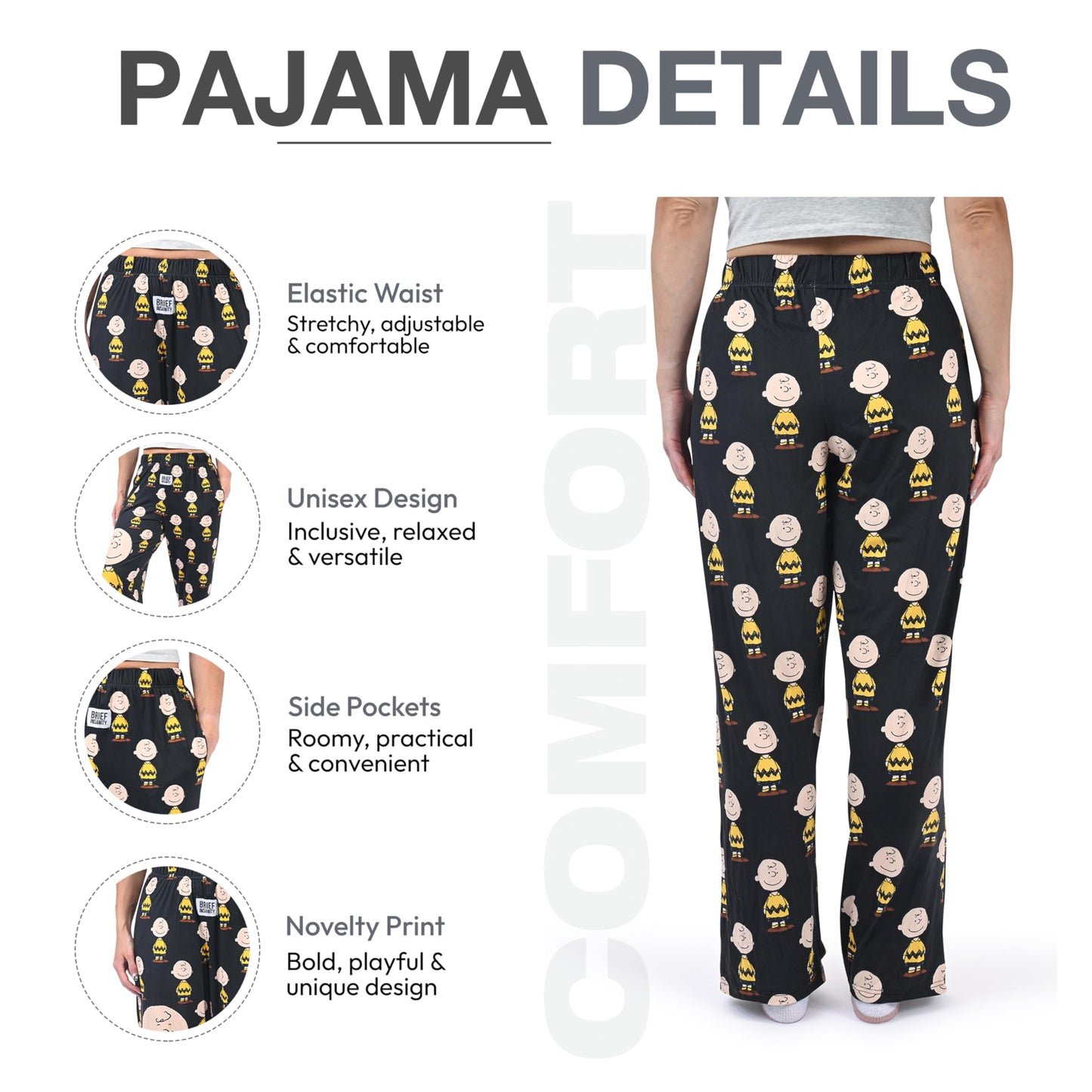 BRIEF INSANITY Charlie Brown Pajama Pants - Women's and Men's Peanuts Character Print Comfy Ultra-Soft Cartoon Pj Pants