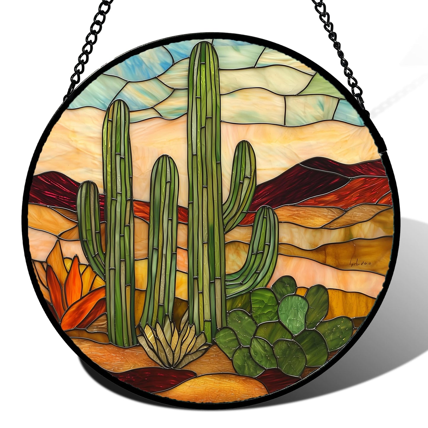 Stained Glass Window Hanging, Green Cactus Sun Catcher for Door Terrace Garden Home Decor, Abstract Desert Landscape Suncatcher Birthday Gifts for Lovers Women Men Dad Mom Nana 6.3
