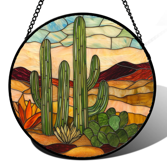 Stained Glass Window Hanging, Green Cactus Sun Catcher for Door Terrace Garden Home Decor, Abstract Desert Landscape Suncatcher Birthday Gifts for Lovers Women Men Dad Mom Nana 6.3