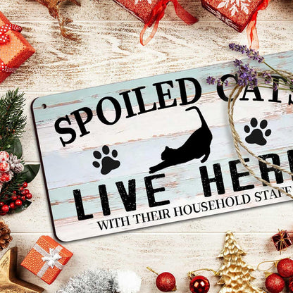 Funny Cat Sign Home Wall Decor - Wooden Cat Welcome Hanging Signs, Gifts for Cat Lovers - Spoiled Cats Live Here with Their Staff Sign - Cattery & Cat Cave Decor Gift (6x12 Inches)