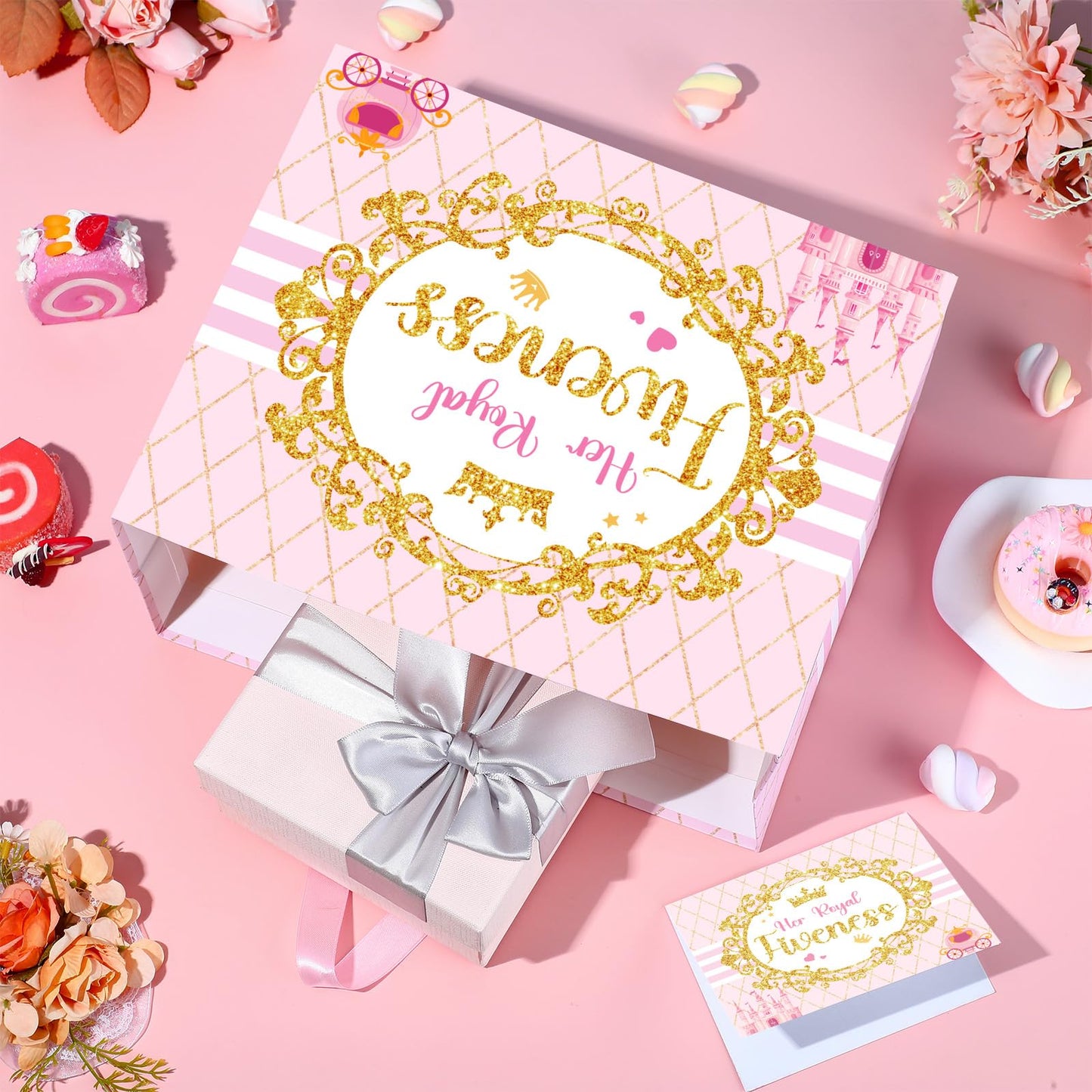 Princess Gift Bags Pink Happy 5th Birthday Party Favors Bag Princess Birthday Party Decorations with Wrapping Tissue Paper and Greeting Card for 5 Year Old Girls Kids Baby Shower Party Supplies Decor