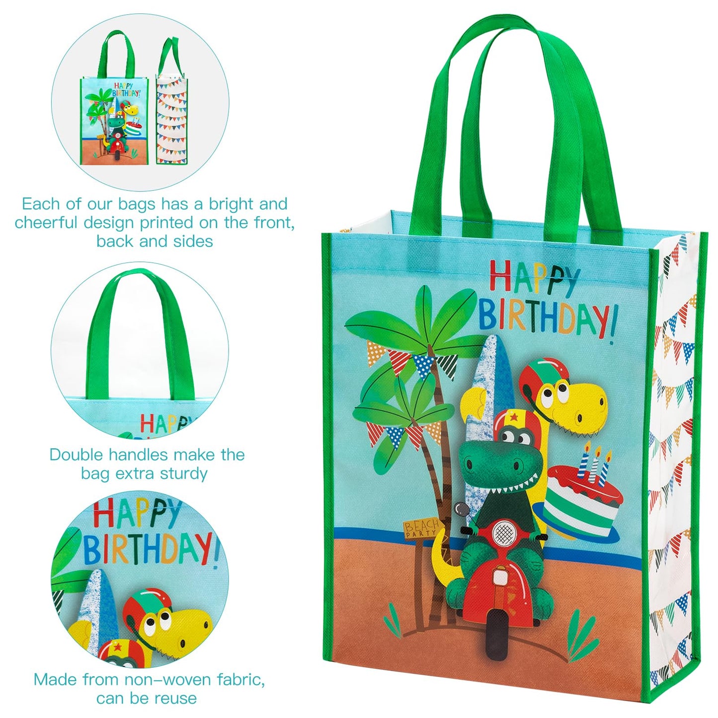 WRAPAHOLIC Large Reusable Dinosaur Birthday Gift Bag with Handles - 10 x 5 x 13 inch - Dinosaur Happy Birthday