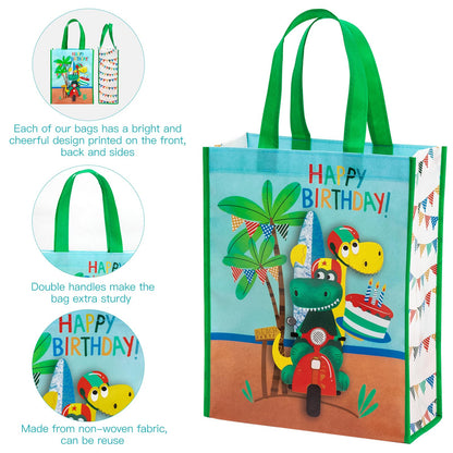 WRAPAHOLIC Large Reusable Dinosaur Birthday Gift Bag with Handles - 10 x 5 x 13 inch - Dinosaur Happy Birthday