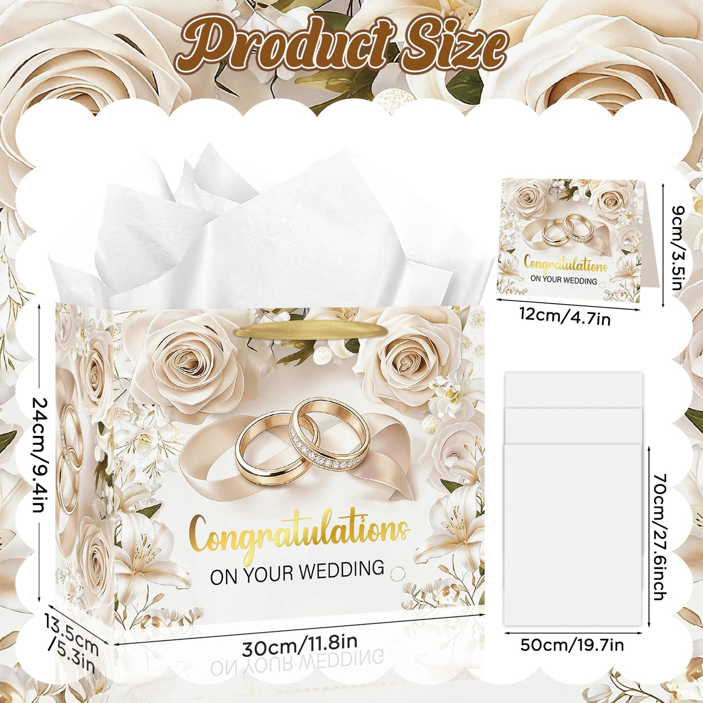 TagreSpike Wedding Gift Bag for Bride and Groom Elegant White Rose & Gold Rings Gift Wrapping Bag with Tissue Paper and Card - Congratulations Present Sack for Bridal Shower, Engagement, Marriage