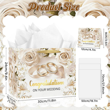 TagreSpike Wedding Gift Bag for Bride and Groom Elegant White Rose & Gold Rings Gift Wrapping Bag with Tissue Paper and Card - Congratulations Present Sack for Bridal Shower, Engagement, Marriage