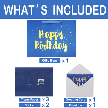 Qirrmiy 16.5” Extra Large Blue Happy Birthday Gift Bag Set with Handles, Greeting Card, Tissue Papers and Stickers for Men Boys Kids, Husband, Father, Stars Design, 1 Pcs