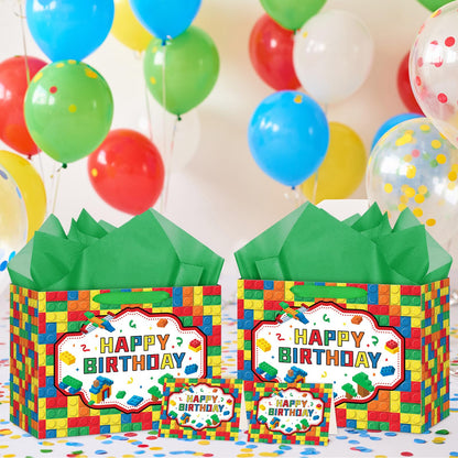 Hooqict Large Building Blocks Birthday Gift Bag Happy Birthday Gift Wrapping Bag with Handles, Tissue Paper, Greeting Card for Kids Boys Girls Building Bricks Theme Party Decorations Supplies