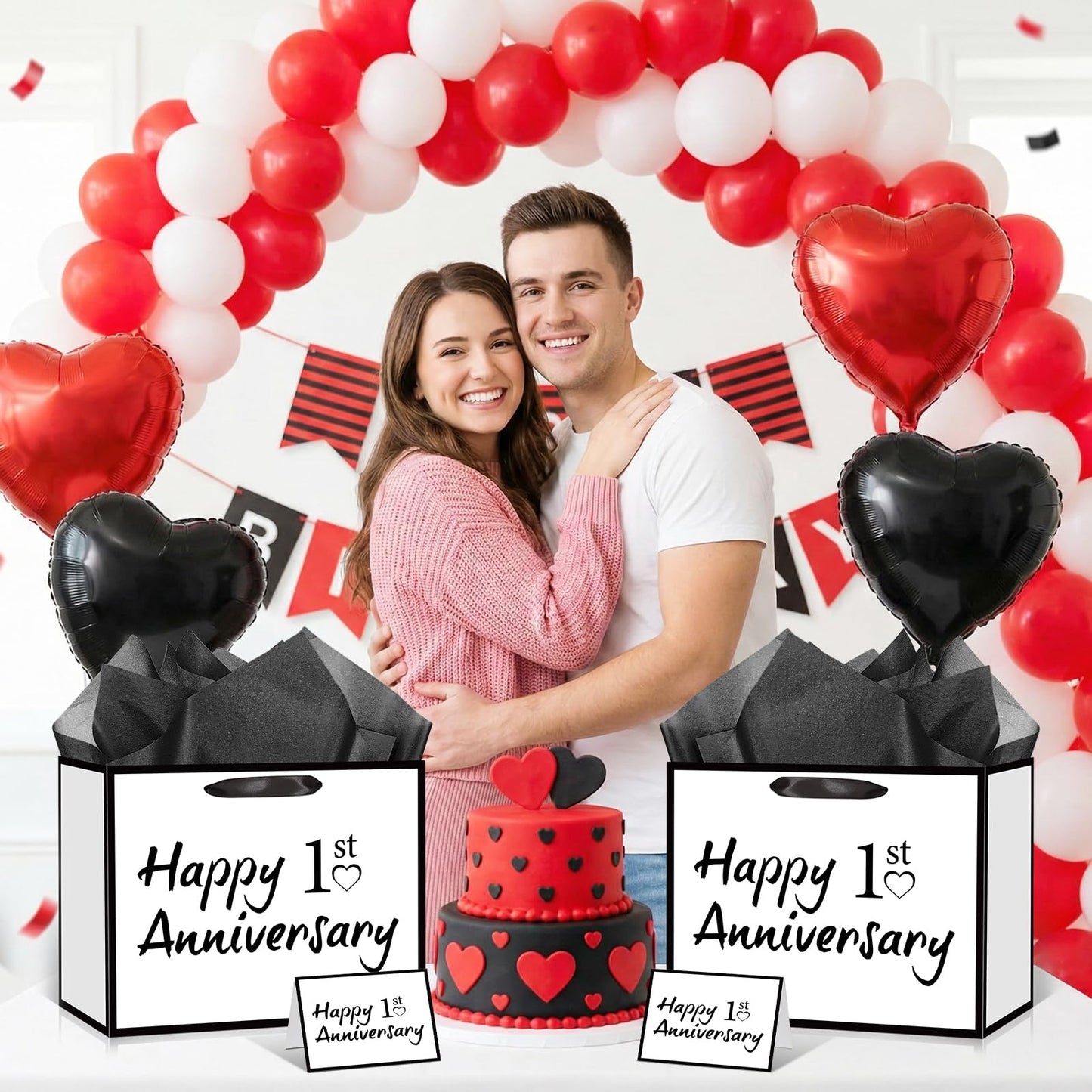 TagreSpike 1st Anniversary Paper Gift Bag with Tissue Paper and Card - Large Happy 1st Anniversary Wrapping Bag - Black and White Paper Anniversary Party Supplies for Husband Wife Couple