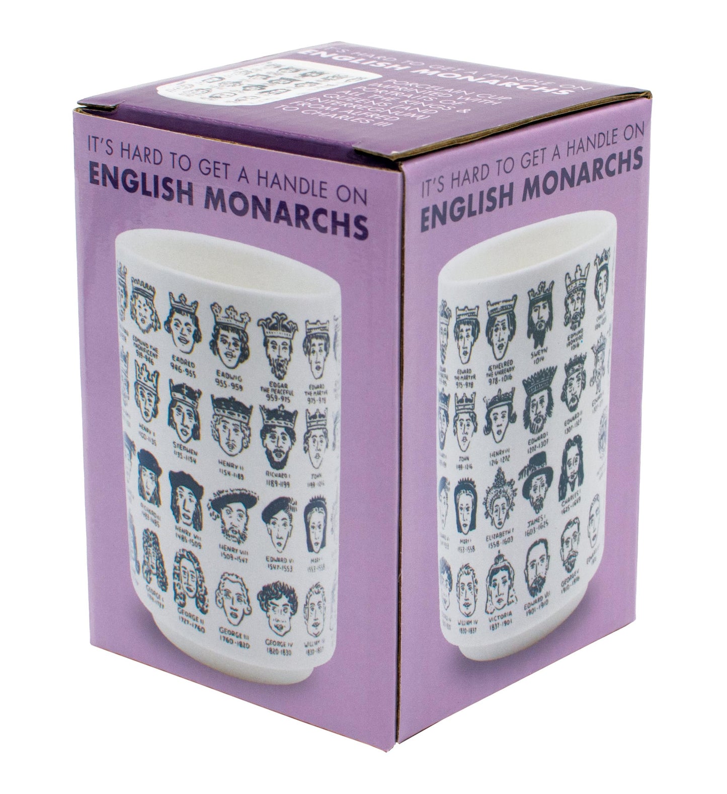 The Unemployed Philosophers Guild It's Hard to Get a Handle on English Monarchs - Porcelain Tea Cup Imprinted with Kings and Queens of England, Comes in a Fun Box, 9 oz