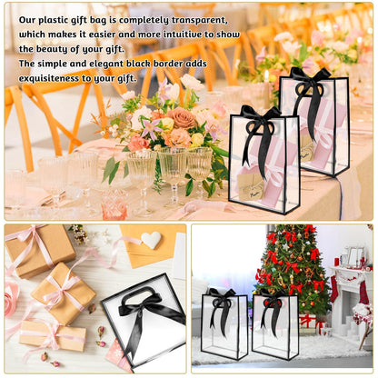 BadenBach 20 PCS Clear Gift Bags with Handles,7"x10"x3.2", Reusable Clear Party Favor Bags with Ribbon,Transparent Plastic Gift Bags for Bridal Party Baby Shower Wedding Mother's Day,Black