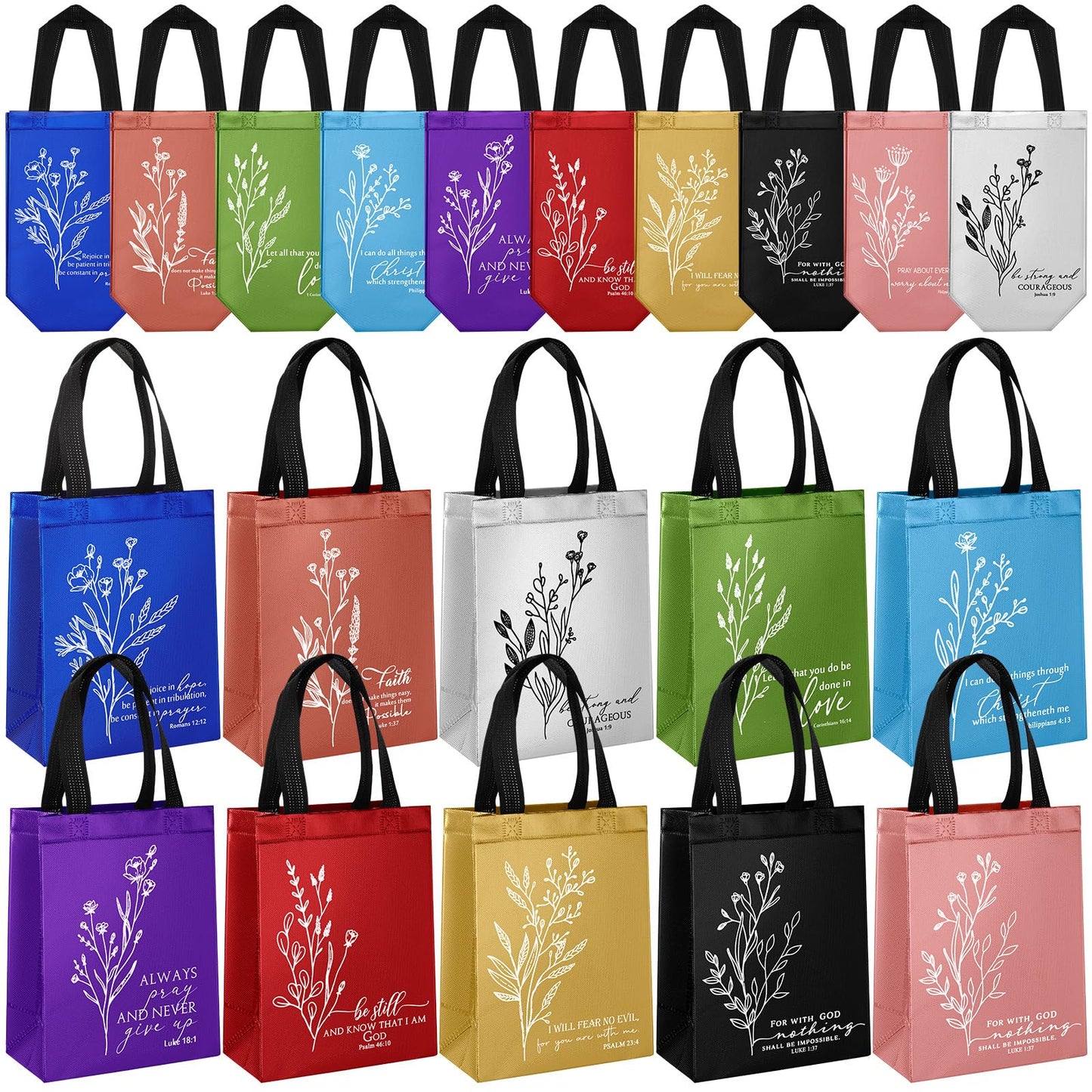 Sweetude 20 Pcs Christian Gift Bag Bulk, Reusable Church Welcome Totes with Handles, Medium Non Woven Floral Bible Verse Bag for Father's Day, Sunday School, VBS, Religious Event Favor (Multicolor)