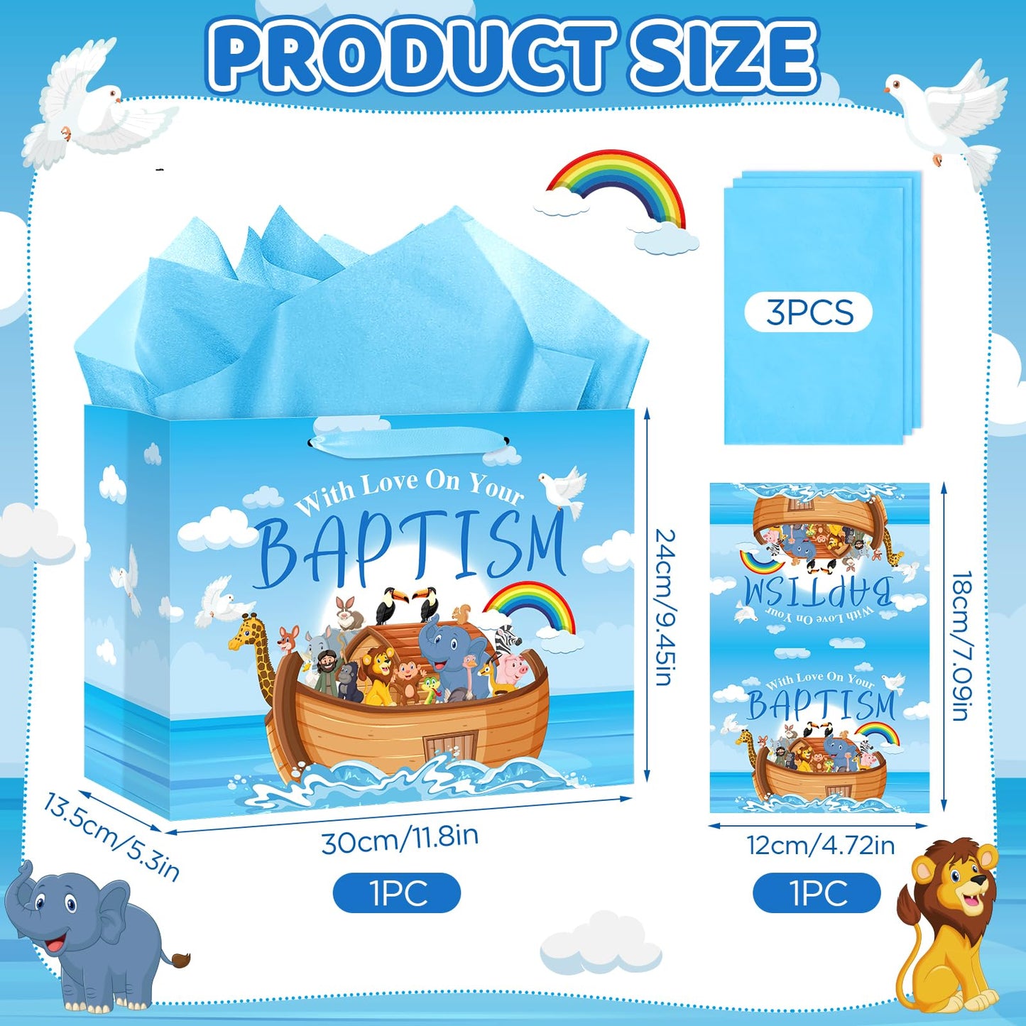 Neptniopllab Large Baptism Gift Bags for Boys,Blue Religious Christian Birthday Gift Bag with Greeting Card and Tissue Paper for Baby Boy First Communions Baptism Christenings (Baptism)