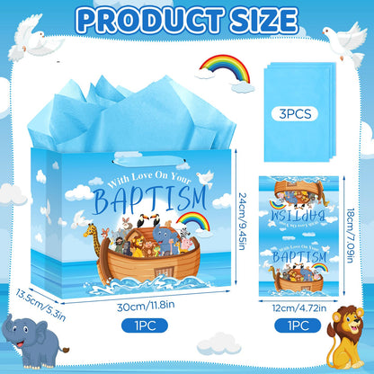 Neptniopllab Large Baptism Gift Bags for Boys,Blue Religious Christian Birthday Gift Bag with Greeting Card and Tissue Paper for Baby Boy First Communions Baptism Christenings (Baptism)