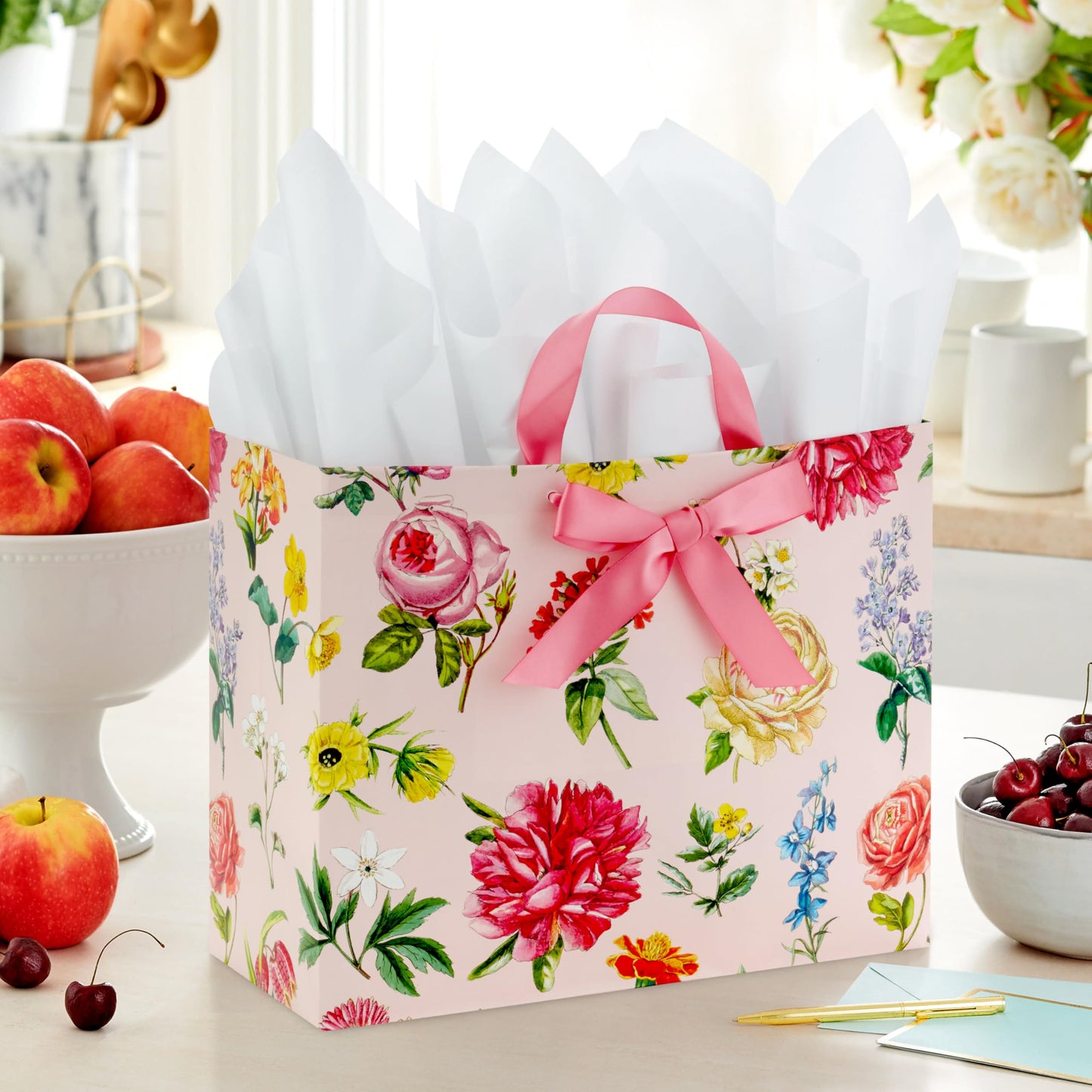 Hallmark 10" Large Mother's Day Gift Bag with Tissue Paper (Vintage Floral with Pink Bow) for Valentine's Day, Easter, Bridal Showers, Graduations, New Moms