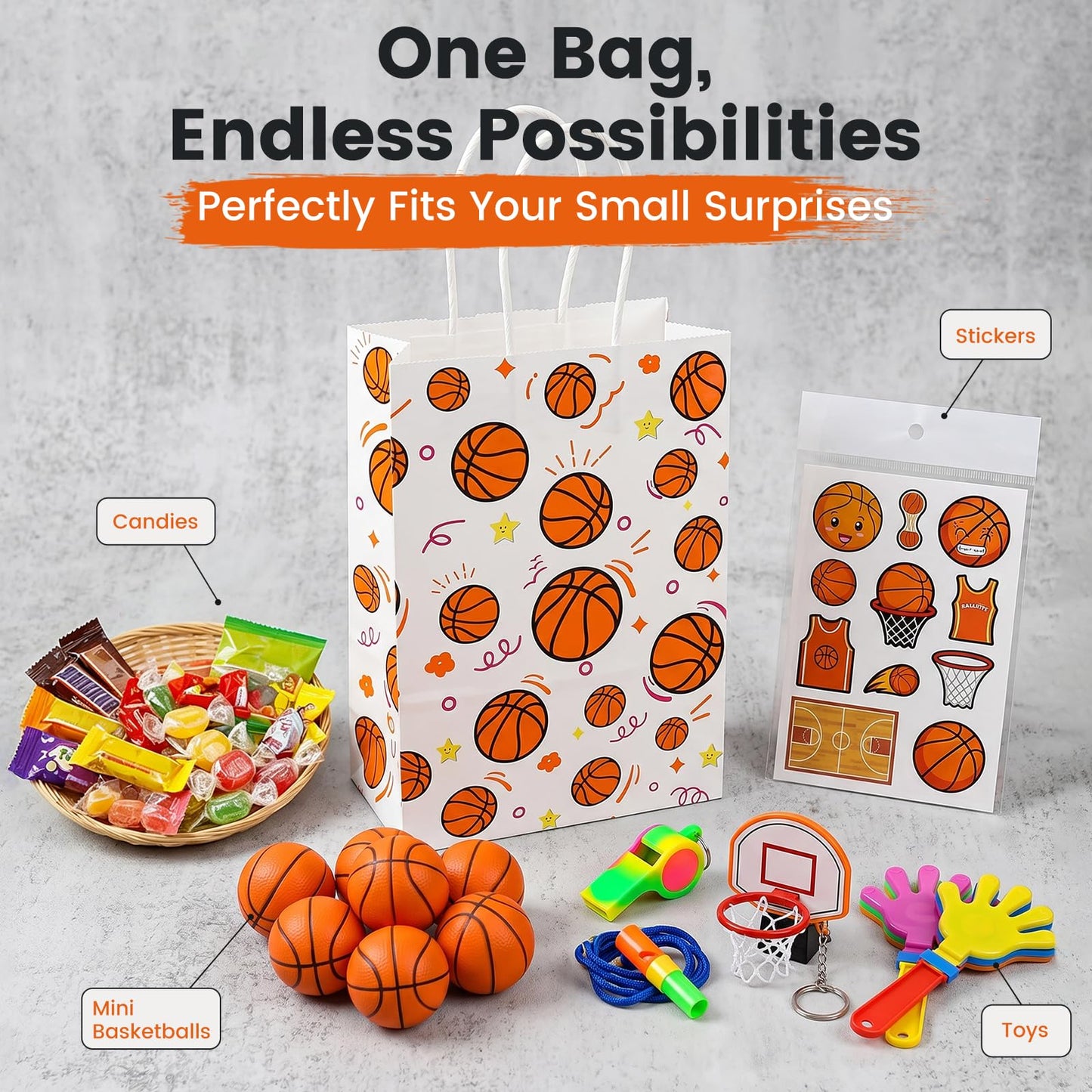 VGOODALL 24 Pack Gift Bags, 5.5" x 2.8" x 8" Basketball Party Favor Bags with Handles for Sports Themed Party Girls Boys Birthday Decoration