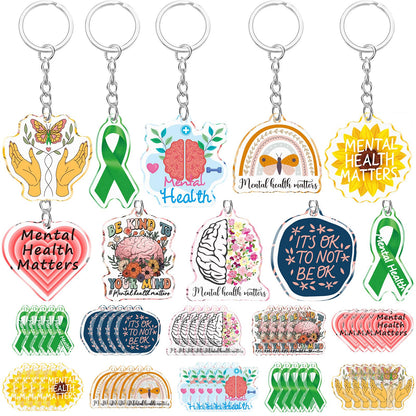 Remuuly 50 Pcs Mental Health Gifts for Women Healthy Keychain Gifts Acrylic Green Ribbon Inspirational Key Ring for Women Men
