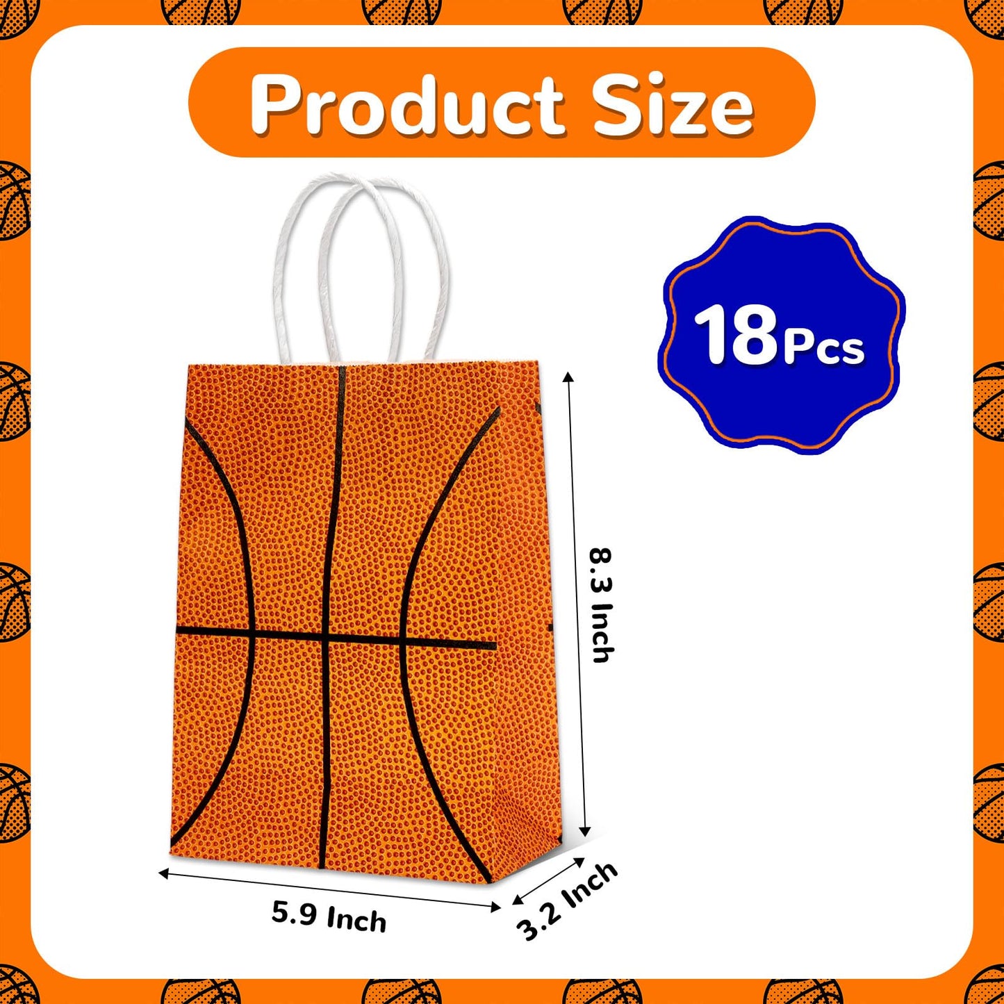 WATMTIN 18 Pcs Basketball Party Gift Bags, Basketball Pattern Gift Bag with Handle, Paper Treat Candy Goodie Bags for Basketball-Themed Party Games Sports Day Birthday Decorations Supplies