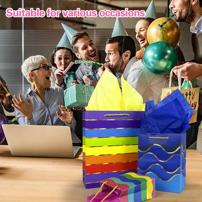 MUMULULU Gift Bags Assorted Sizes and Designs with Handle and Tissue Paper Birthday Gift Bags Rainbow for Birthday Bag Party Baby Shower Wedding Holiday Presents (Striped, 10)