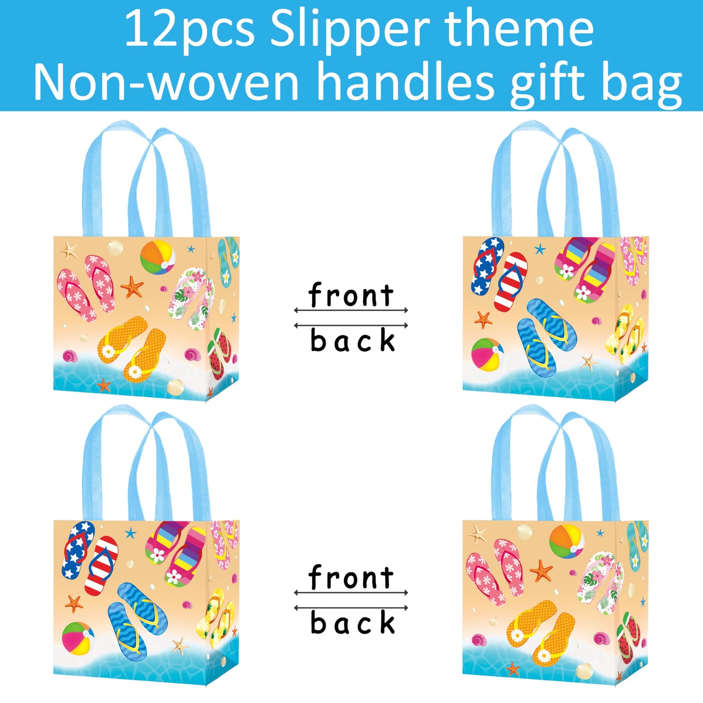 C L cooper life 12pcs Beach Flip-Flop Gift Treat Bags with Handles Summer Party Grocery Shopping Bags Flip-flop Beach Ball Theme Non-Woven Bag for Hello Summer Birthday Party Supplies
