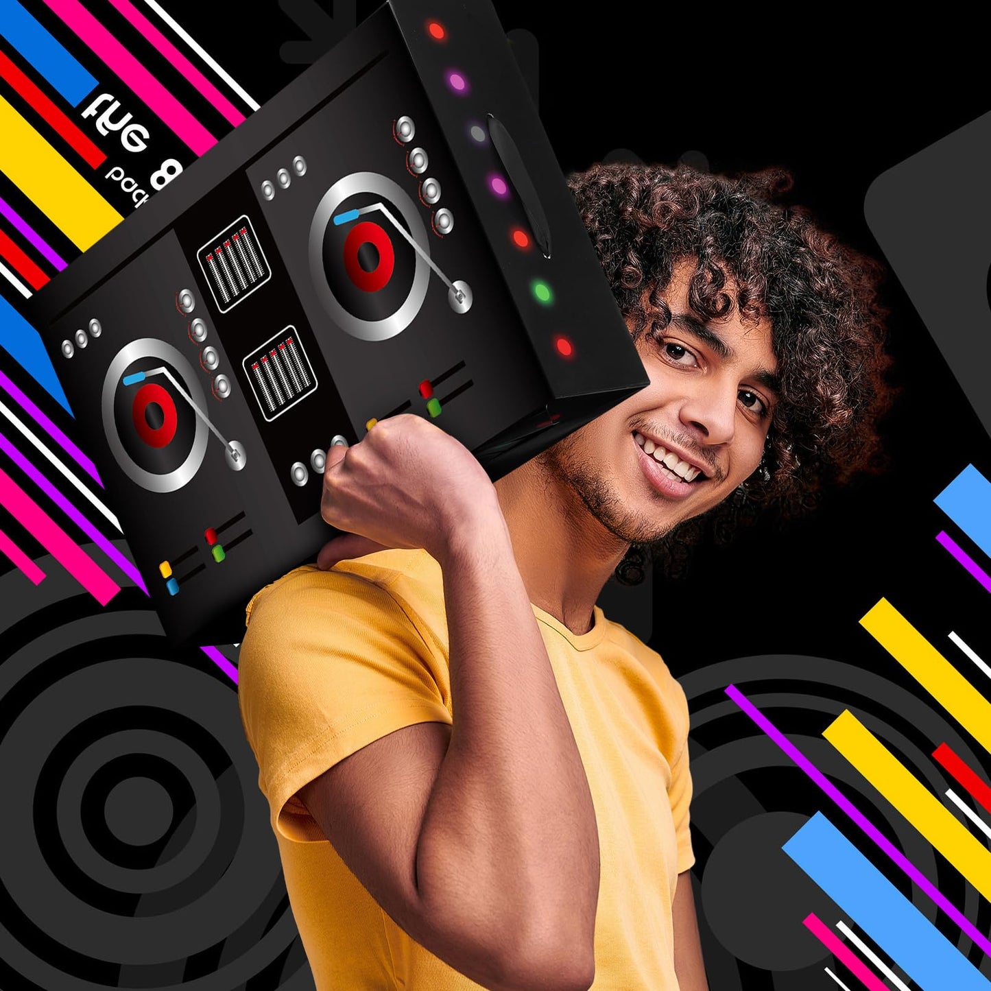 MotiMind 2 Pcs Dj Costume 80s 90s Hip Hop Costume Paper Dj Mixer Boxes with Strap Props Music Rapper Party Decorations Cosplay Party Novelty Retro Theme Music Neon Birthday Gifts