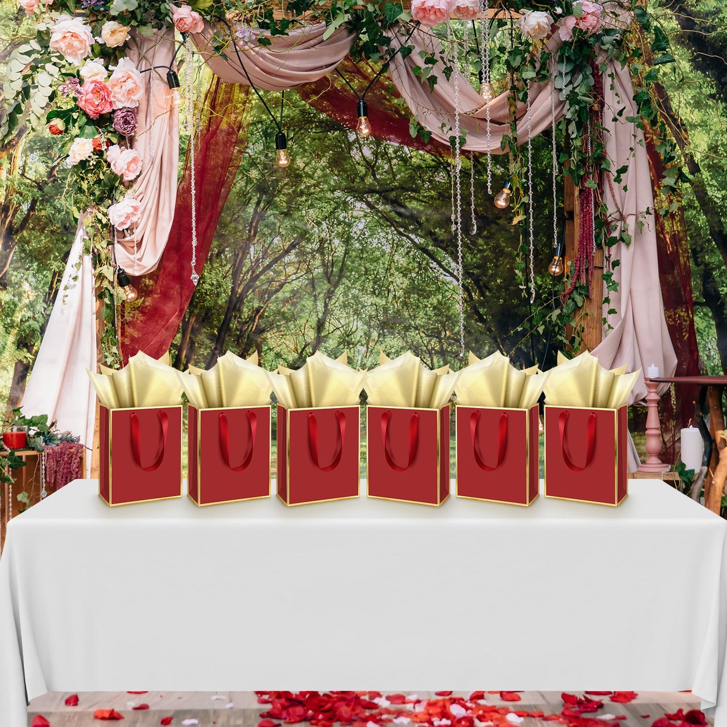 Yeaqee 50 Pack Metallic Gift Bags with Handle and Tissue Paper Gold Foil Thank You Bag for Graduation Wedding Groomsmen Bridal Baby Shower Gifts Holiday Party Favors 9x7x3.15'' (Burgundy Gold)
