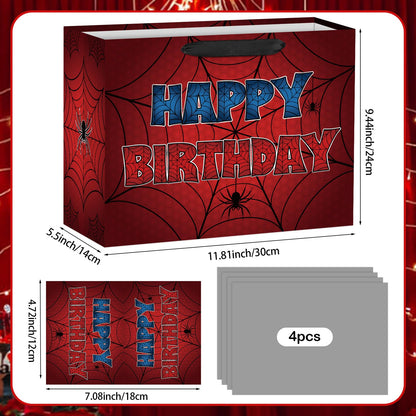 Hooqict Spider Gift Bag Happy Birthday Gift Wrapping Bag with Handles, Tissue Paper, Greeting Card for Kids Boys Teens Men Goodie Candy Treat Gift Box Spider Web Birthday Party Favors