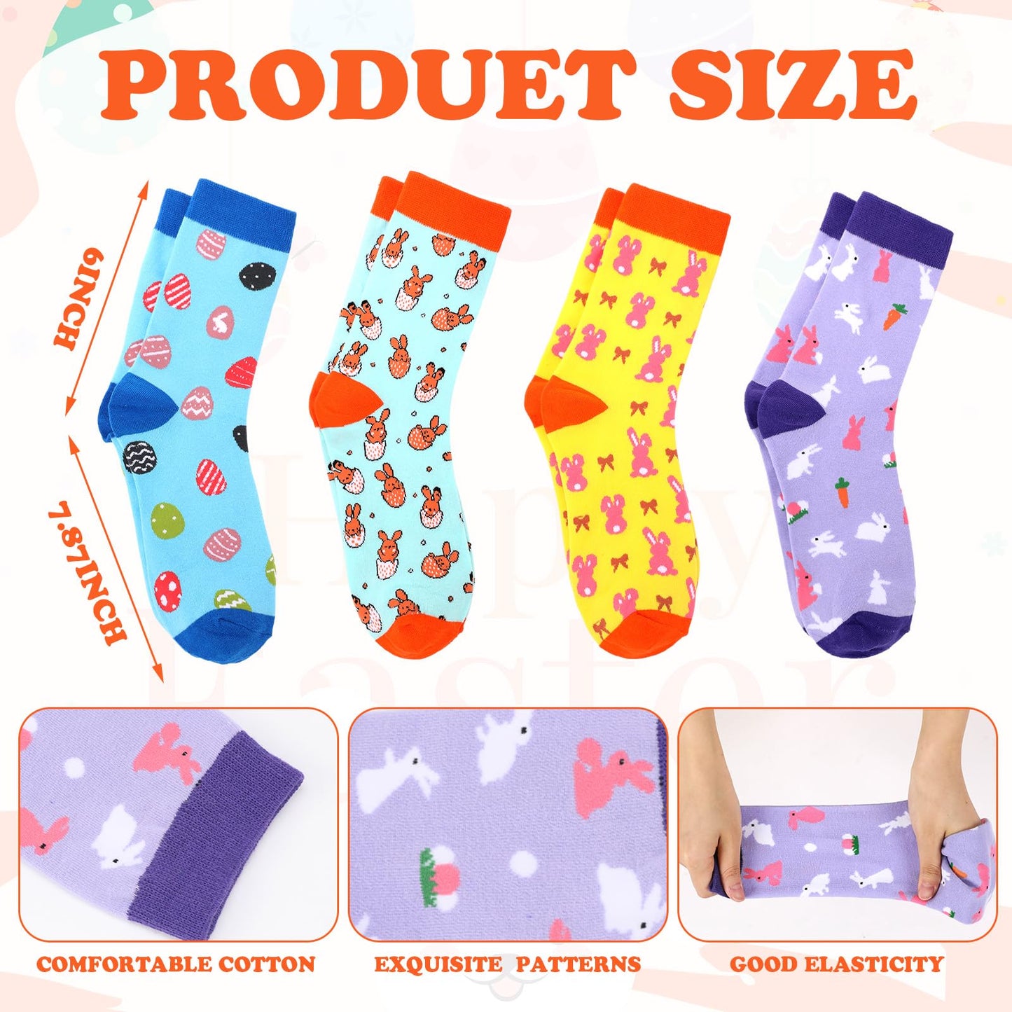 4 Pairs Easter Gifts for Men Funny Easter Rabbit Socks for Adult Egg Print Crew Socks Knit Unisex Novelty Spring Basket Stuffers Gifts