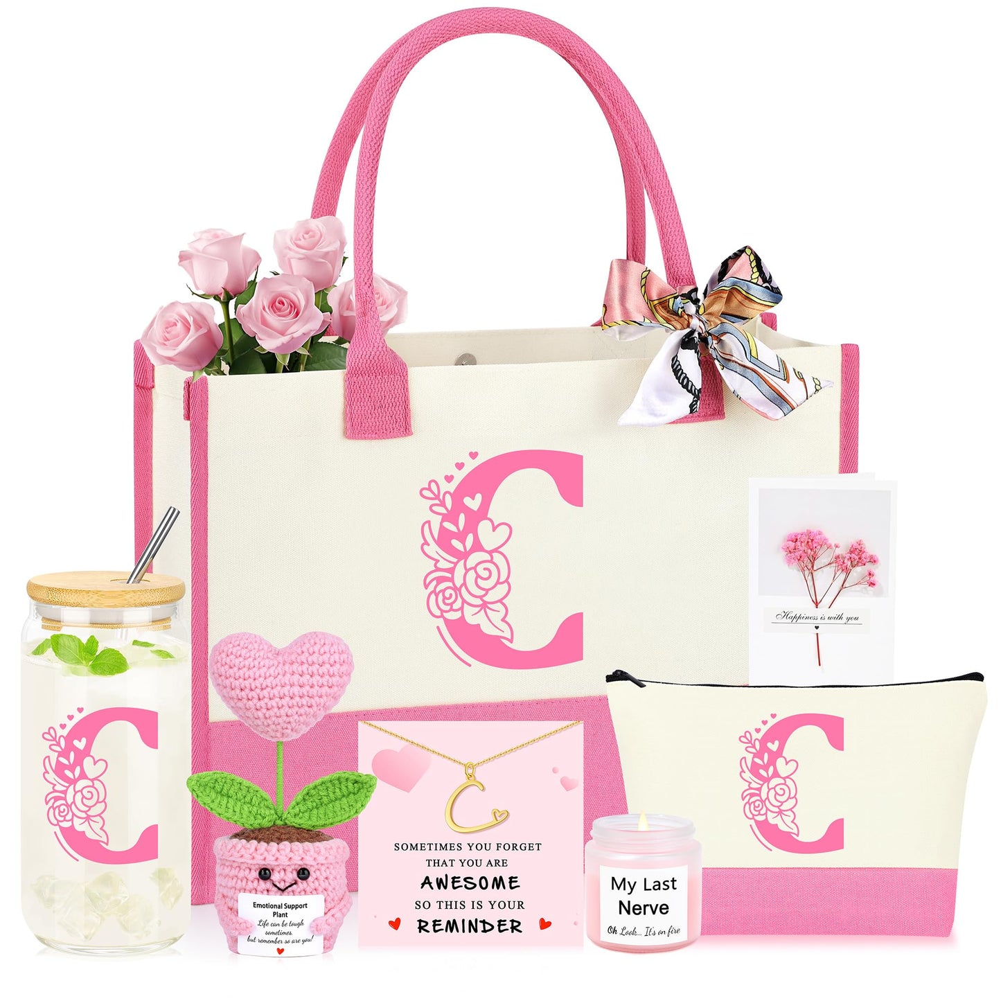 Personalized Monogrammed Customized Pink Birthday Gifts for Women, Initial C Birthday Gift Basket for Women Mothers Day Christmas Valentines Day Ideas Present for Her Set of 7