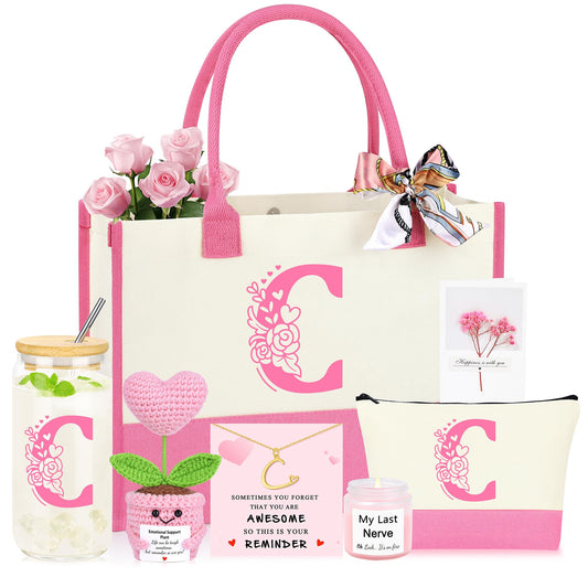 Personalized Monogrammed Customized Pink Birthday Gifts for Women, Initial C Birthday Gift Basket for Women Mothers Day Christmas Valentines Day Ideas Present for Her Set of 7