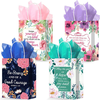 24 Pcs Religious Gift Bags Bible Gift Paper Bags with 24 Tissues Bible Verse Paper Bags with Handles Inspirational Flower Christian Gift Bags Bulk for Women Birthday Wedding Baptism Spring Party Favor