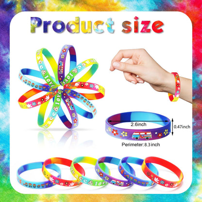 24 Pcs 60's Hippy Retro Groovy Silicone Bracelets Wristbands Party Decoration Peace Love 60's Hippy Favor for 60s Hippie Groovy Party Supplies
