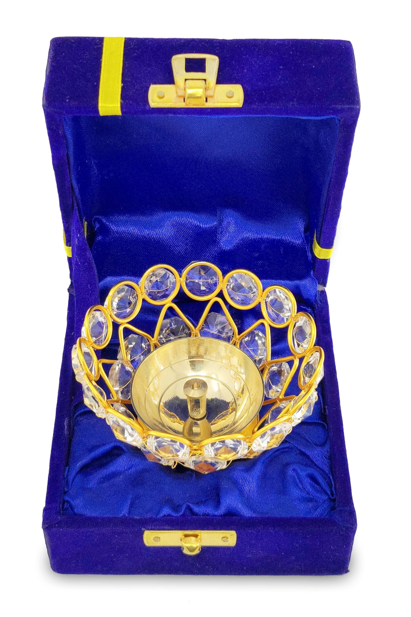 NOBILITY Gold Crystal Diya with Blue Velvet Gift Box Home Decoration Chrystal Piyali Dia Pooja Items Puja Gifts Handmade Oil Lamp Traditional Indian Dhanteras Deepawali Diwali Gift Items 6 Pcs