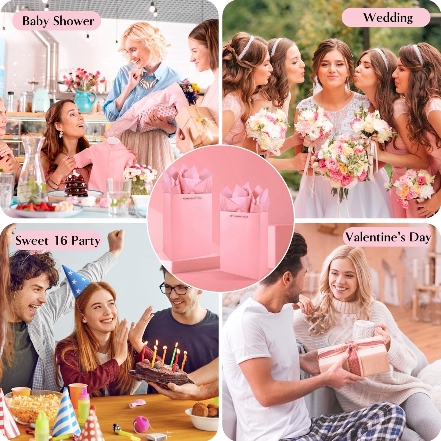 Jutieuo 10 Pack Luxury Pink Gift Bags Medium Size with Tissue Paper, Premium Paper Gift Wrap Bags with Handles for Birthday, Wedding, Holiday, Party - 11" x 8" x 4"
